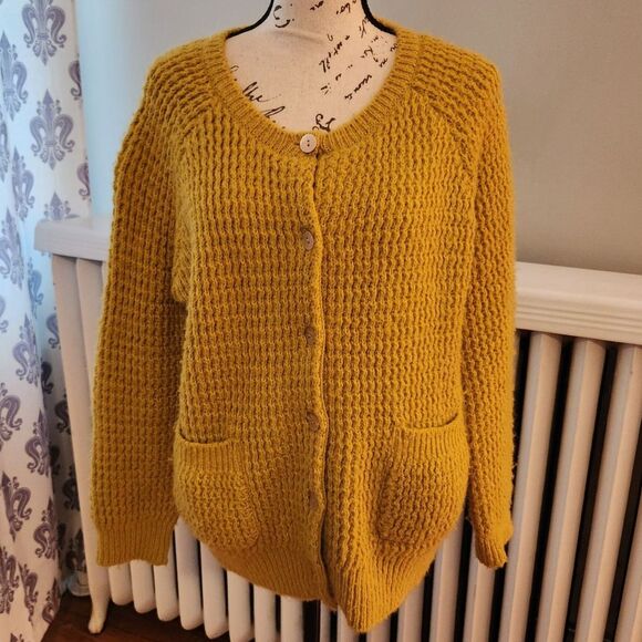 Yangany Yellow Wool-Mohair-Acrylic Sweater Tunic w Pockets, Sz 38 Japanese, US M - Picture 1 of 10